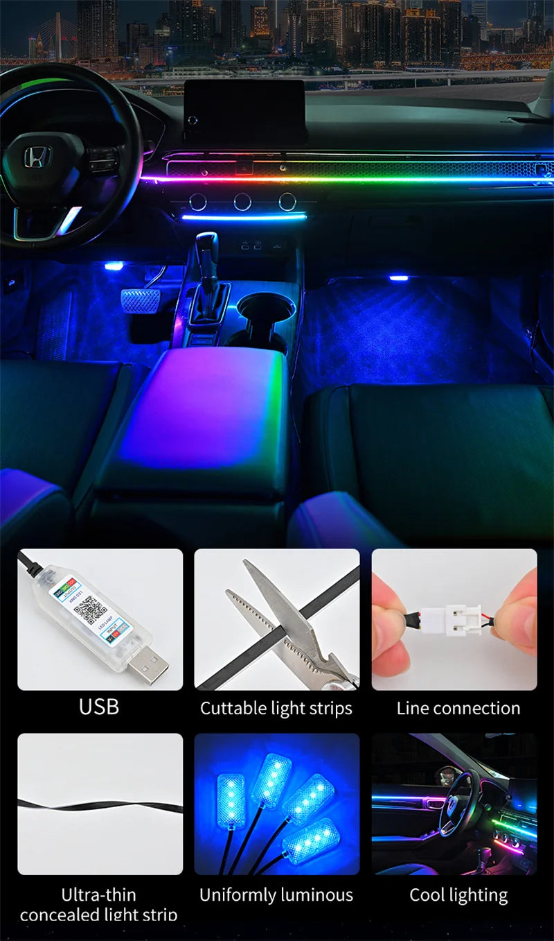 RGB LED Interior Car Ambient Light Strip Kit with App Control
