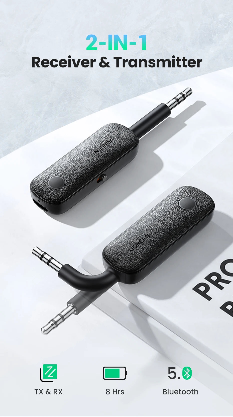 2-in-1 Bluetooth 5.0 Transmitter and Receiver for Car and Home Audio