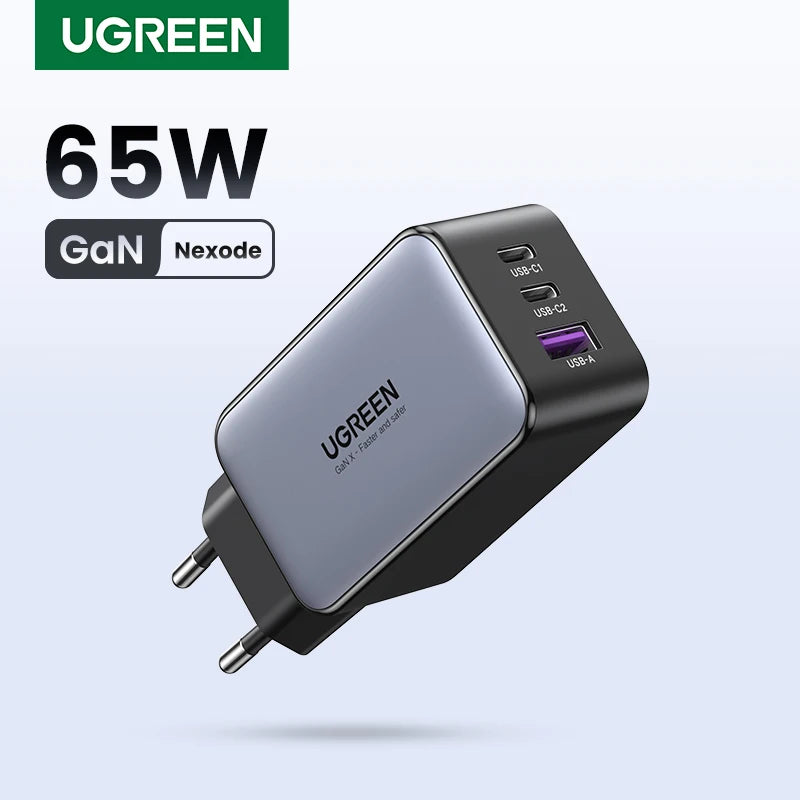 65W GaN Fast Wall Charger with 3 Ports for Laptops and Phones