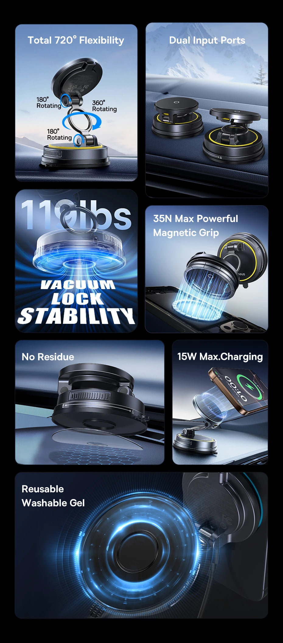 Magnetic Wireless Car Charger and Vacuum Mount Phone Holder