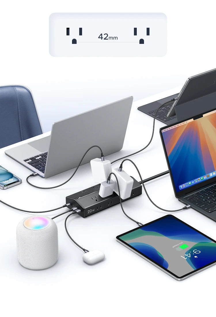 20-in-1 Trapezoidal Power Strip with 20W Fast Charging USB Ports