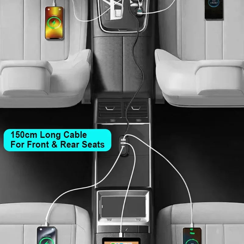 127W 5 Port Fast Car Charger with 150CM Extension Cable for Front Rear