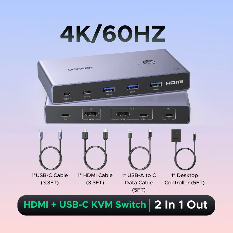 4K 60Hz HDMI and USB-C 2-in-1 Switcher for Dual Device Setup