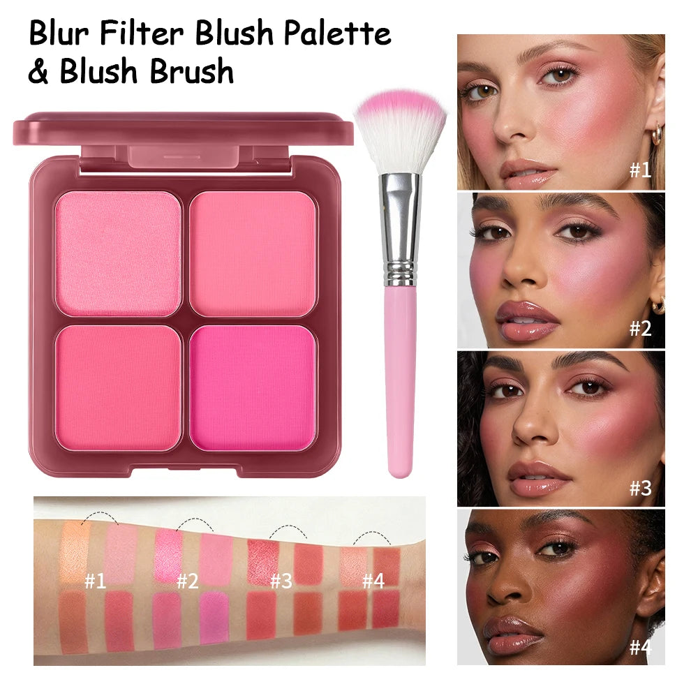 4-Color Matte Blush Palette with Makeup Brush