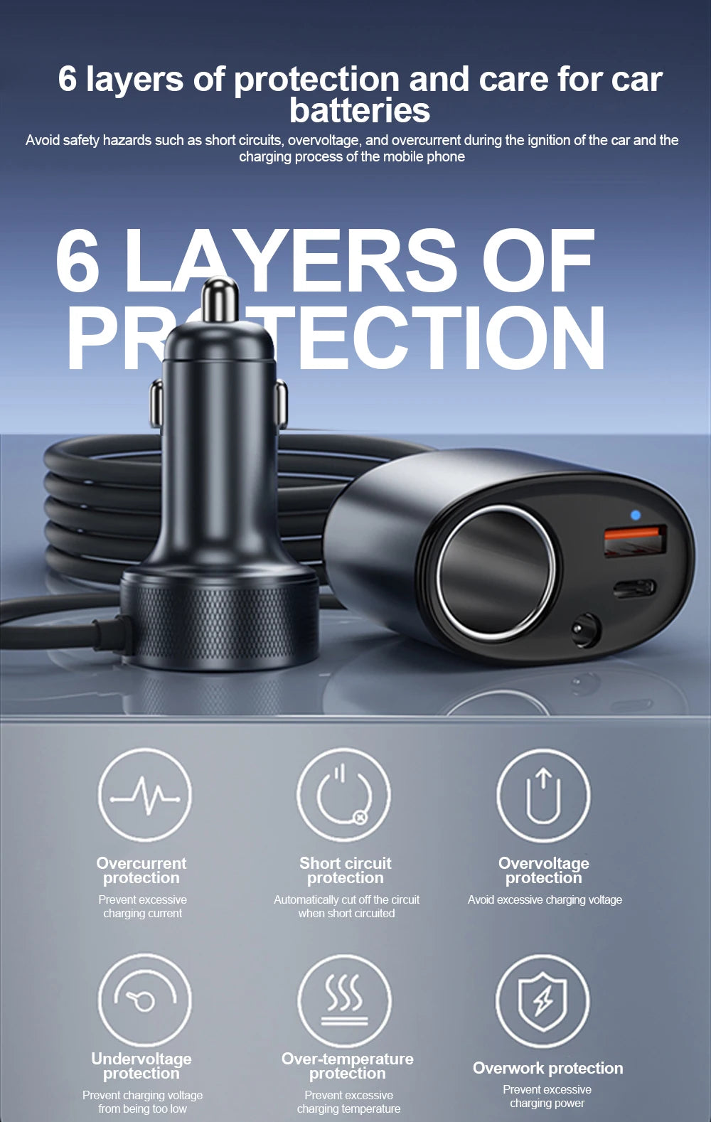 326W 6-Port Car Charger USB-C QC3.0 Cigarette Lighter Splitter 12-24V