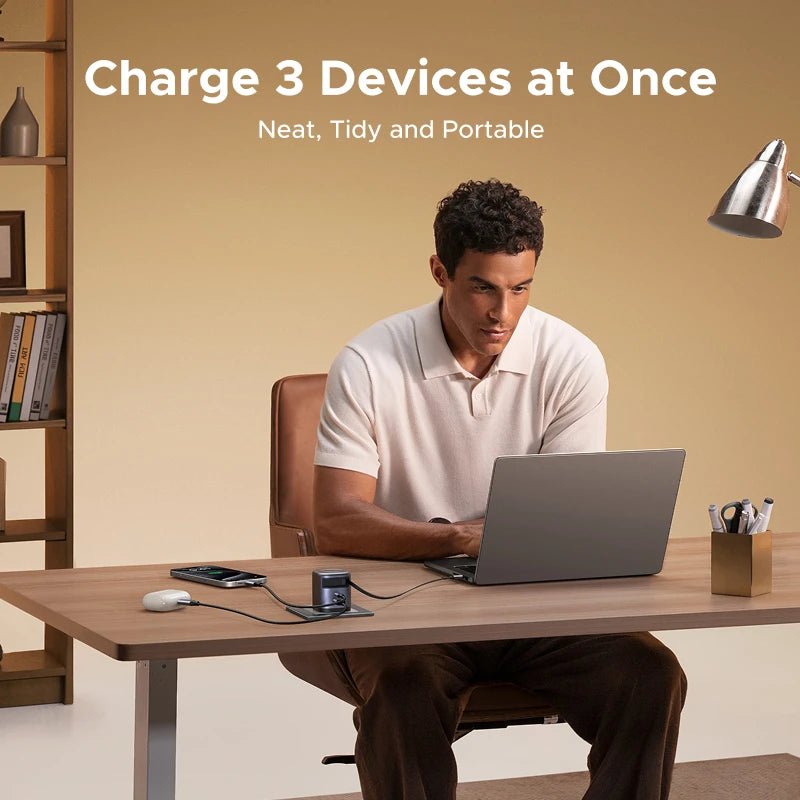 65W GaN Fast Wall Charger with Built-in Retractable USB-C Cable