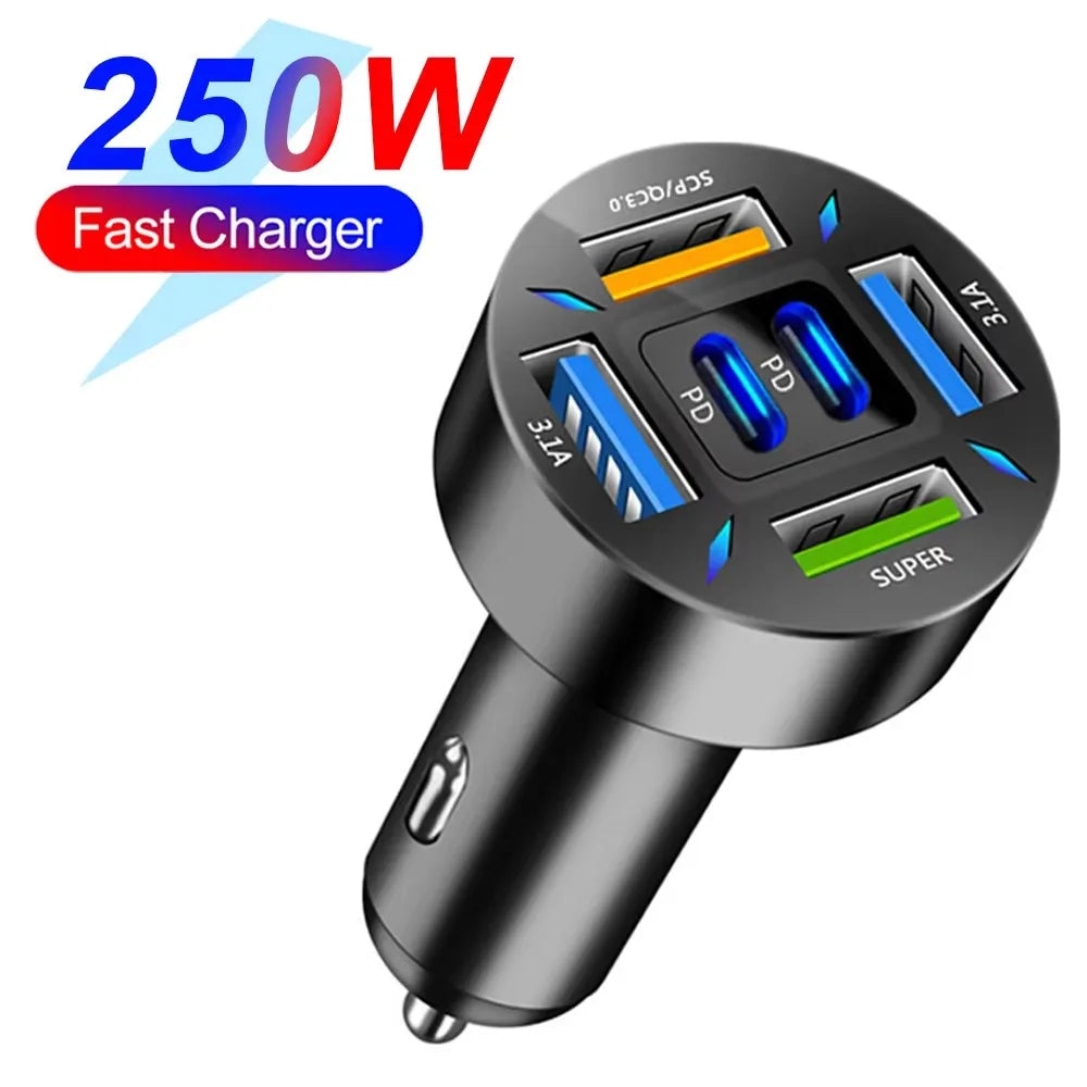 250W 6-Port Fast Car Charger with USB-C PD and QC3.0
