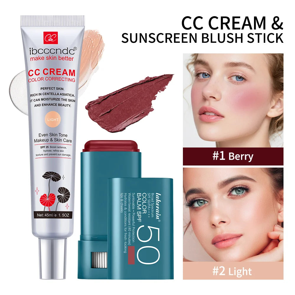 Color Correcting CC Cream and Sunscreen Blush Stick Duo Set
