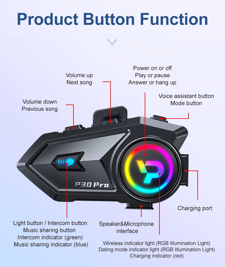 Bluetooth 6.0 Motorcycle Helmet Intercom Headset with FM Radio 500m