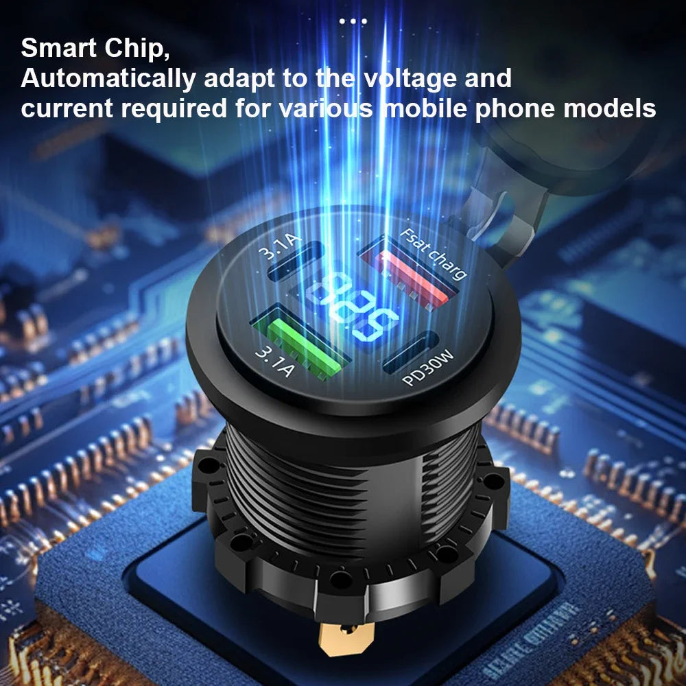 83W 4-Port Fast USB Car Charger Socket with Voltmeter