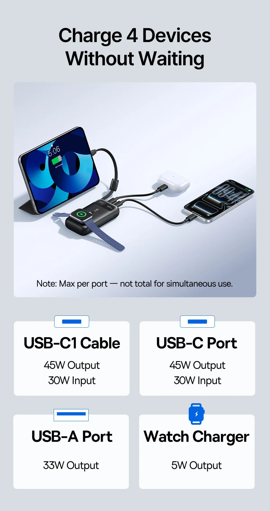 45W 10000mAh Portable Power Bank with Integrated Watch Charger - 12