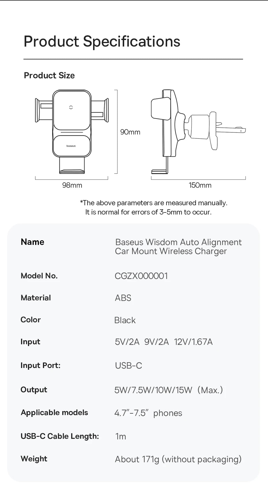 15W Fast Wireless Car Phone Charger with Automatic Clamp