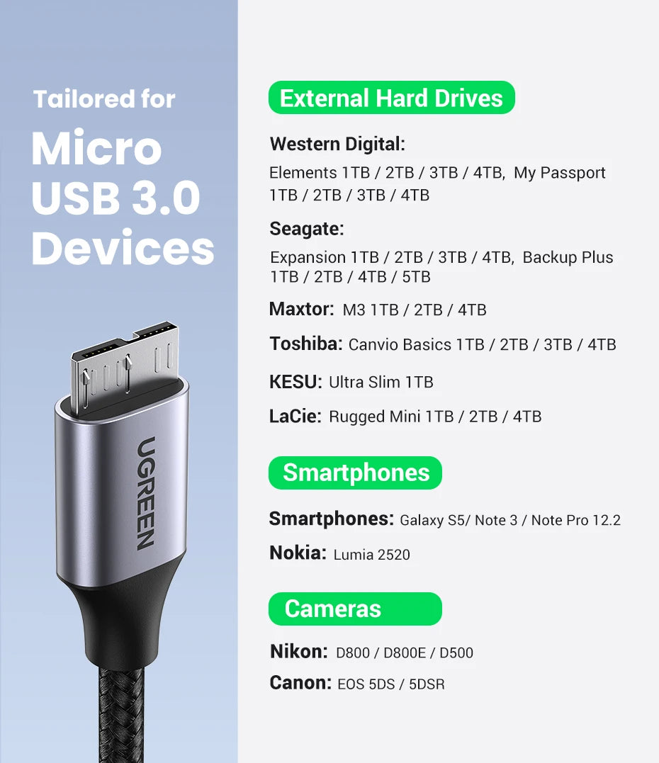 USB 3.0 to Micro B Data Cable for Hard Drives - 12