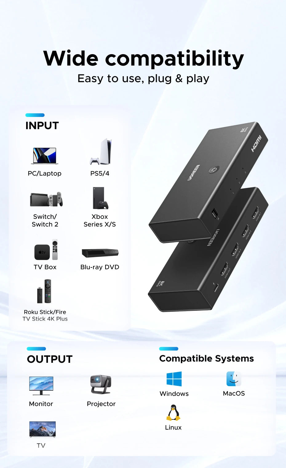 8K 60Hz HDMI 2.1 Switcher 3-in-1 Out with Remote Control - 15