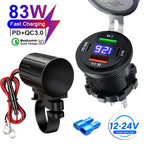 83W Motorcycle Handlebar USB Fast Charger with Voltmeter