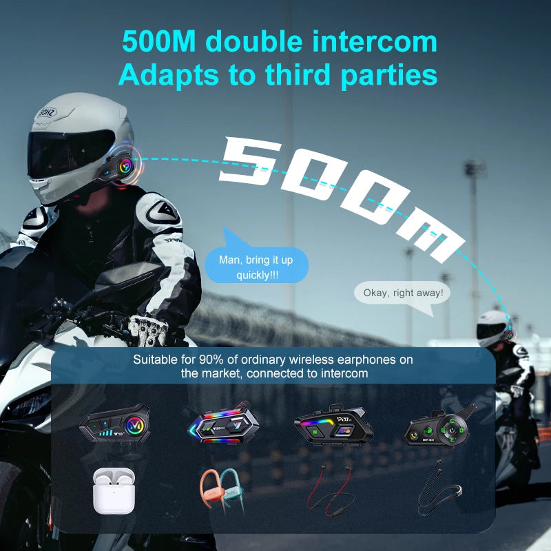 Bluetooth 6.0 Motorcycle Helmet Intercom Headset with FM Radio 500m