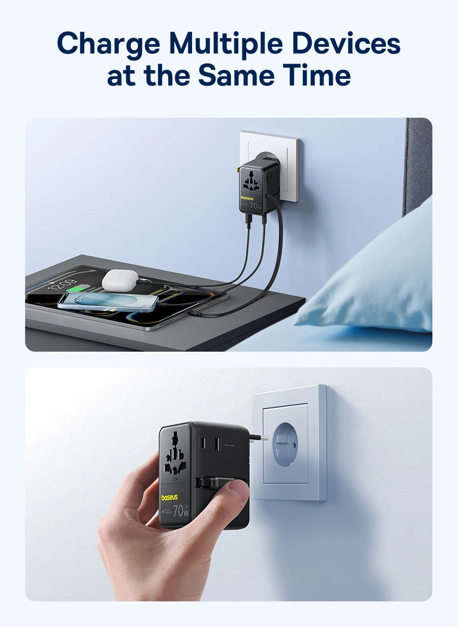 70W GaN Universal Travel Power Adapter with Retractable Cable