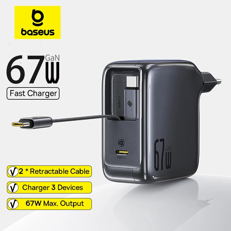 67W GaN Fast Charger with Retractable USB-C Cable for Laptops and Phones - 1