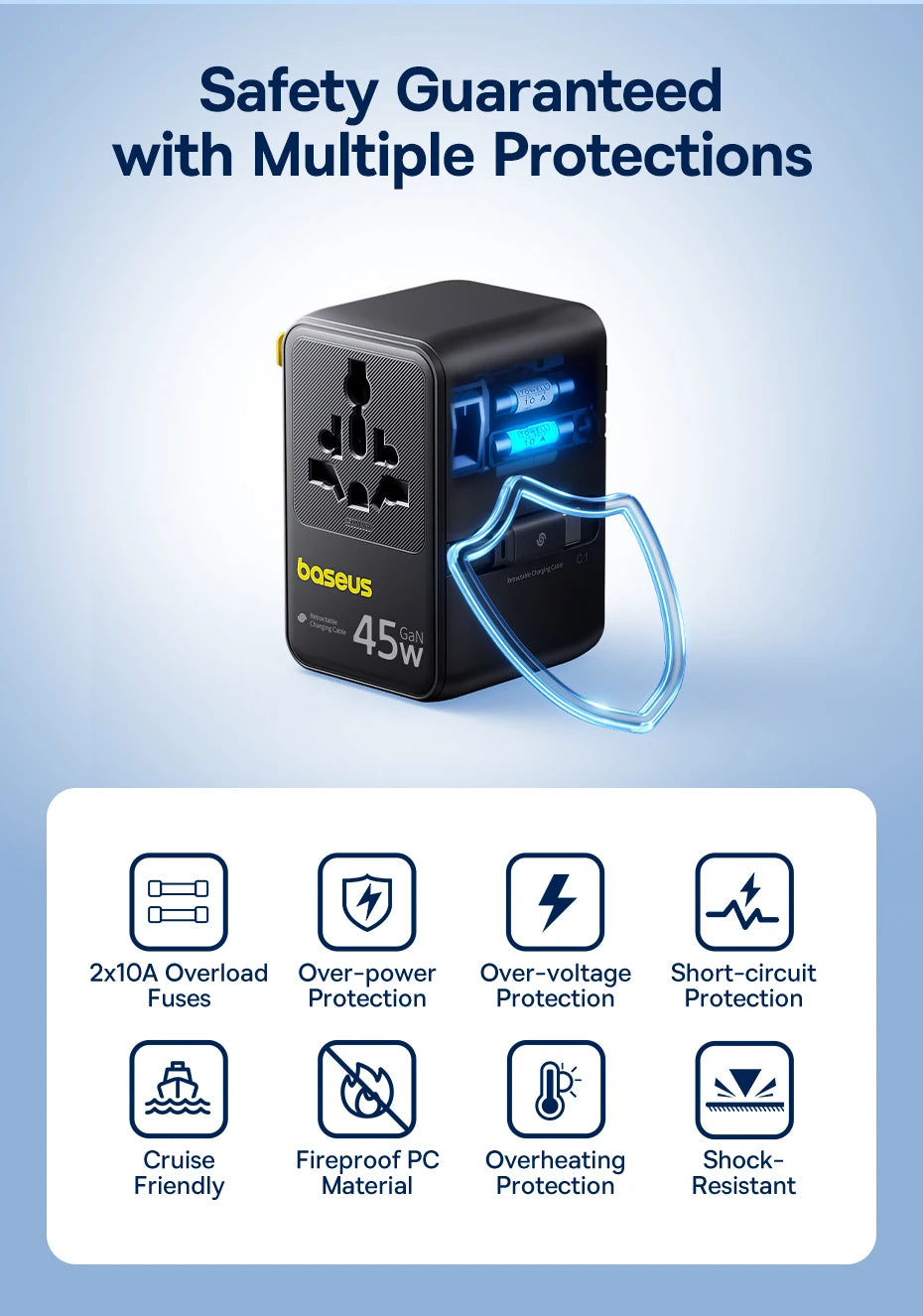 6-in-1 Universal Travel Adapter with 45W Fast Charging and Cable