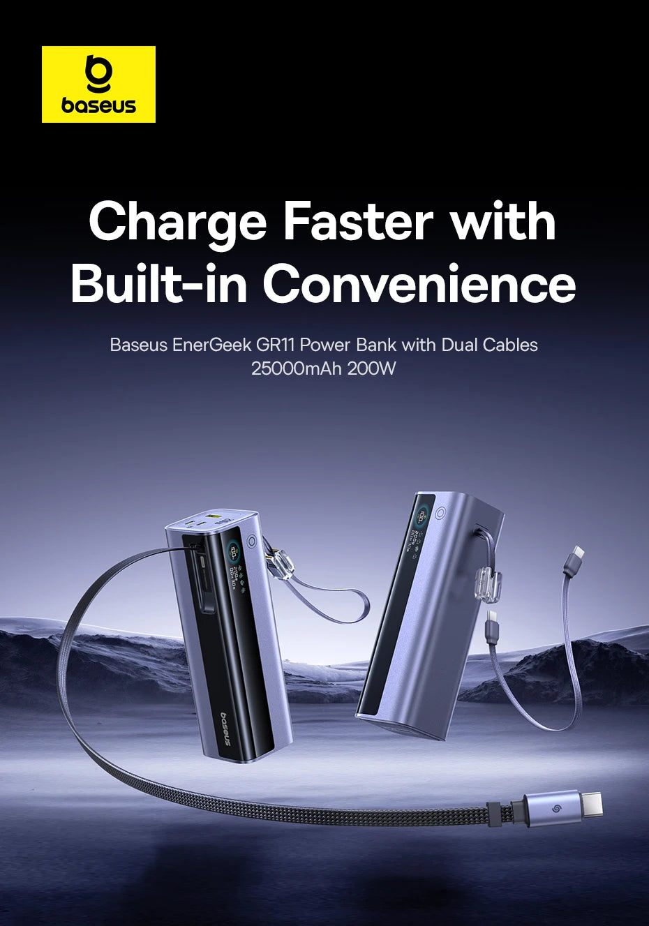 200W 25000mAh Fast Charging Power Bank with Retractable Cables