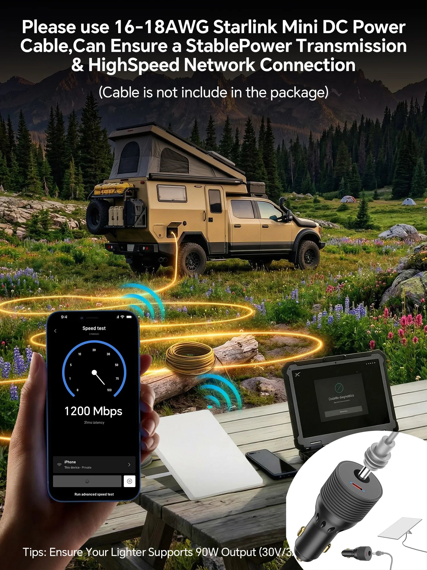 Starlink Mini 90W DC Power Cable 45W Type-C Car Charger 12V-24V