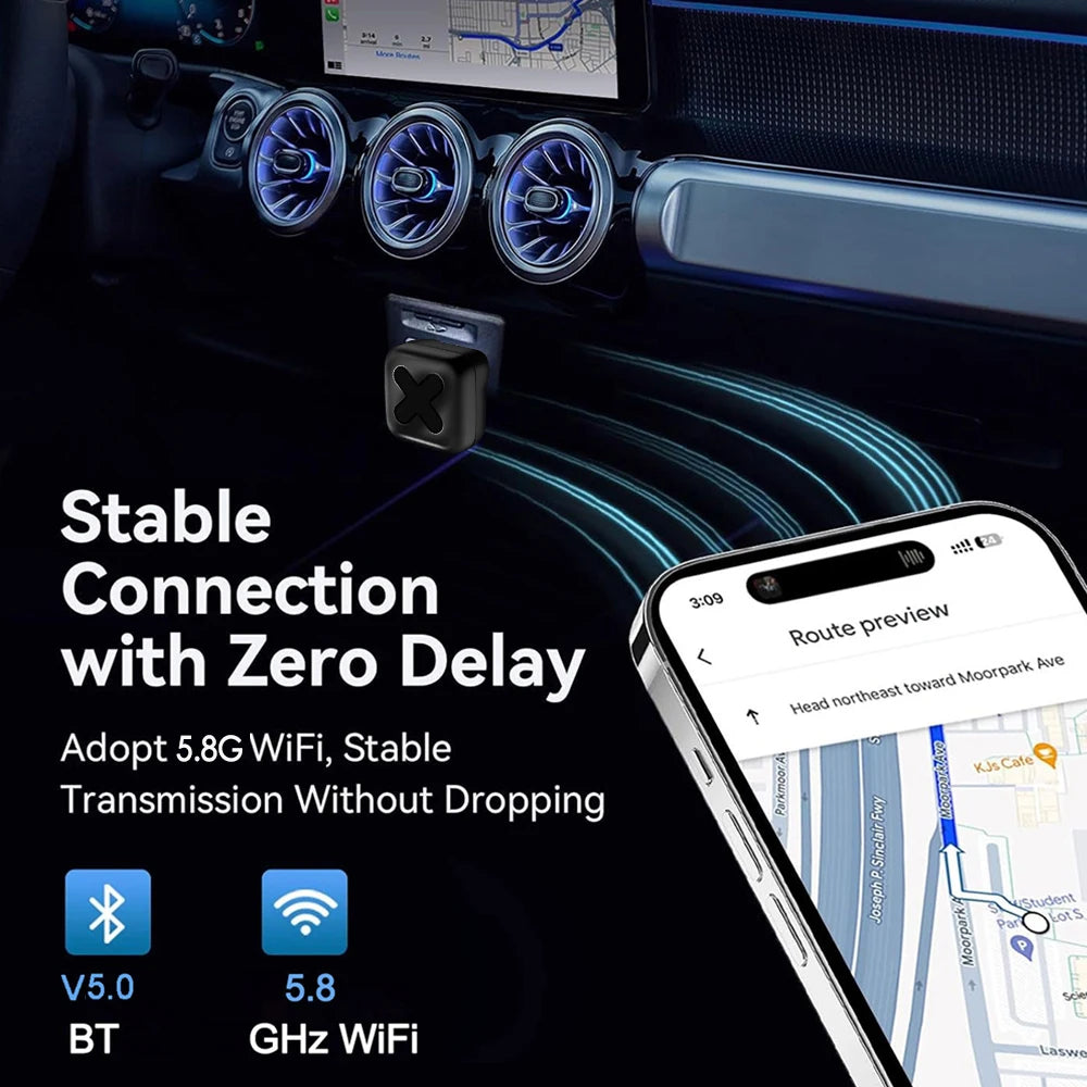5.8GHz 2 in 1 Wired to Wireless CarPlay and Android Auto Adapter