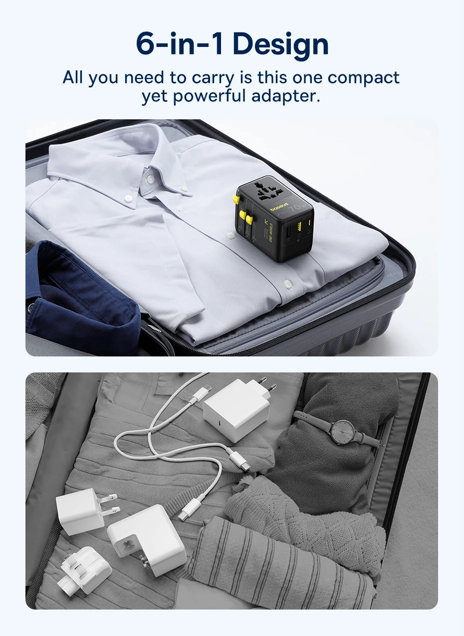 70W GaN Universal Travel Power Adapter with Retractable Cable - 18