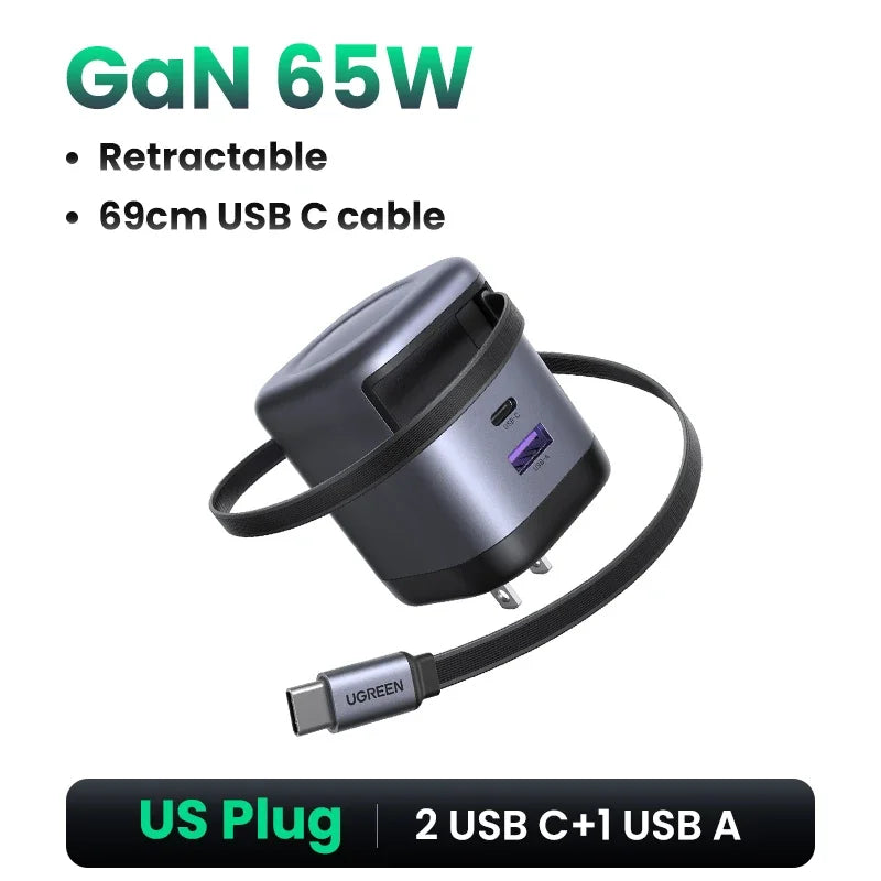 65W GaN Fast Wall Charger with Built-in Retractable USB-C Cable - 22