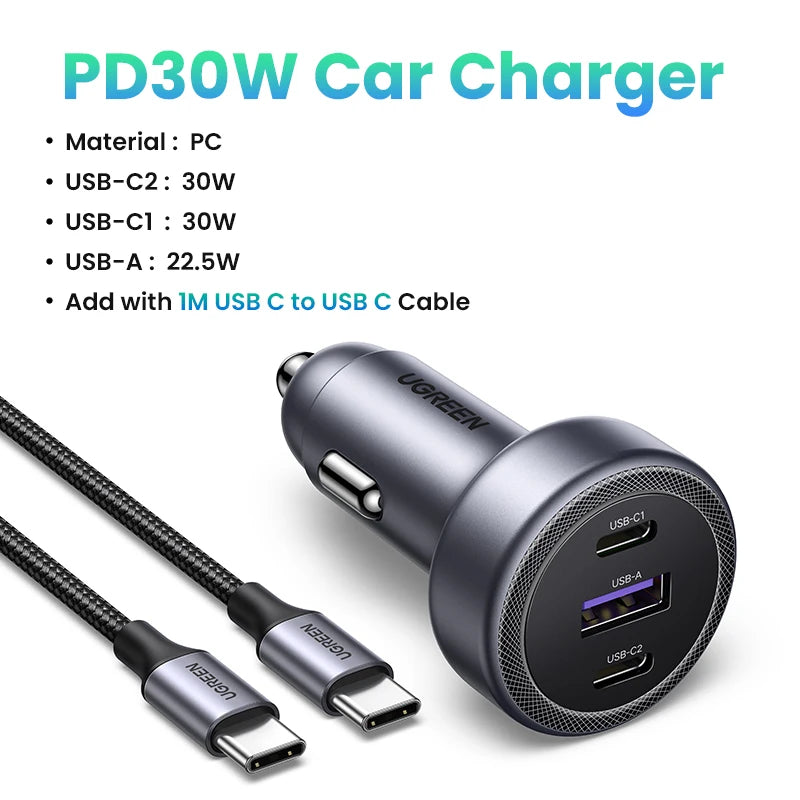 30W USB-C Fast Car Charger with Dual Ports