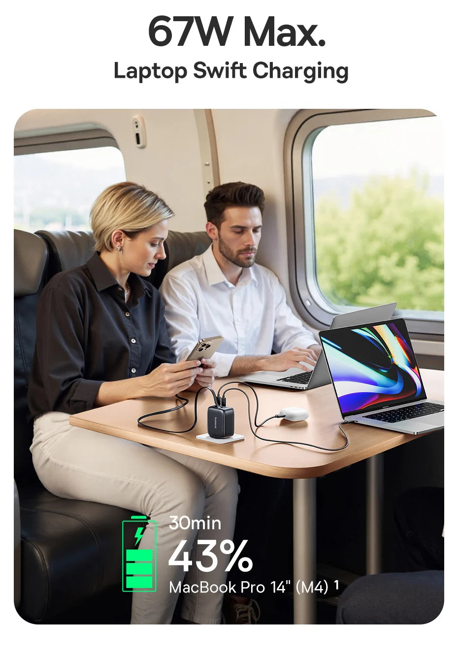 67W GaN Fast Charger with Retractable USB-C Cable for Laptops and Phones - 10