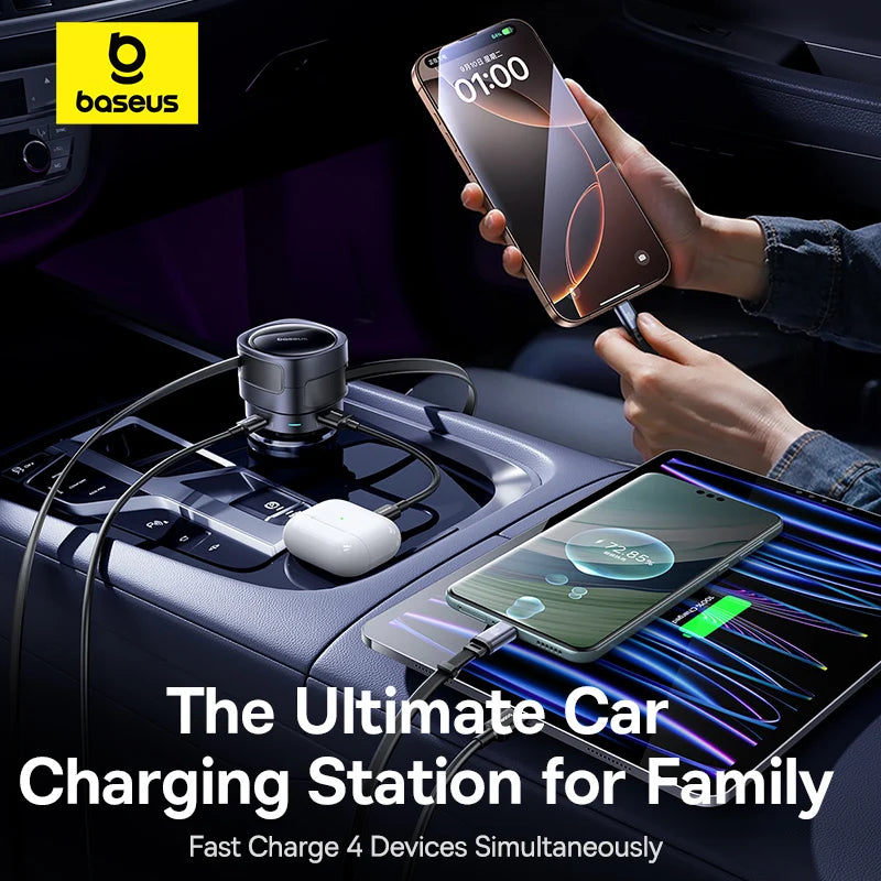 90W Retractable Dual Cable Fast Car Charger