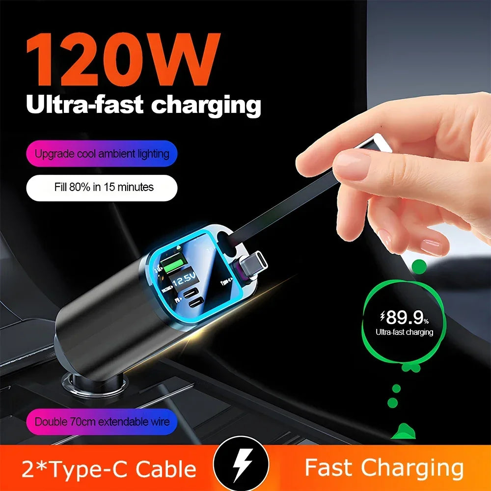 120W Retractable Fast Car Charger with Voltage Display - 1