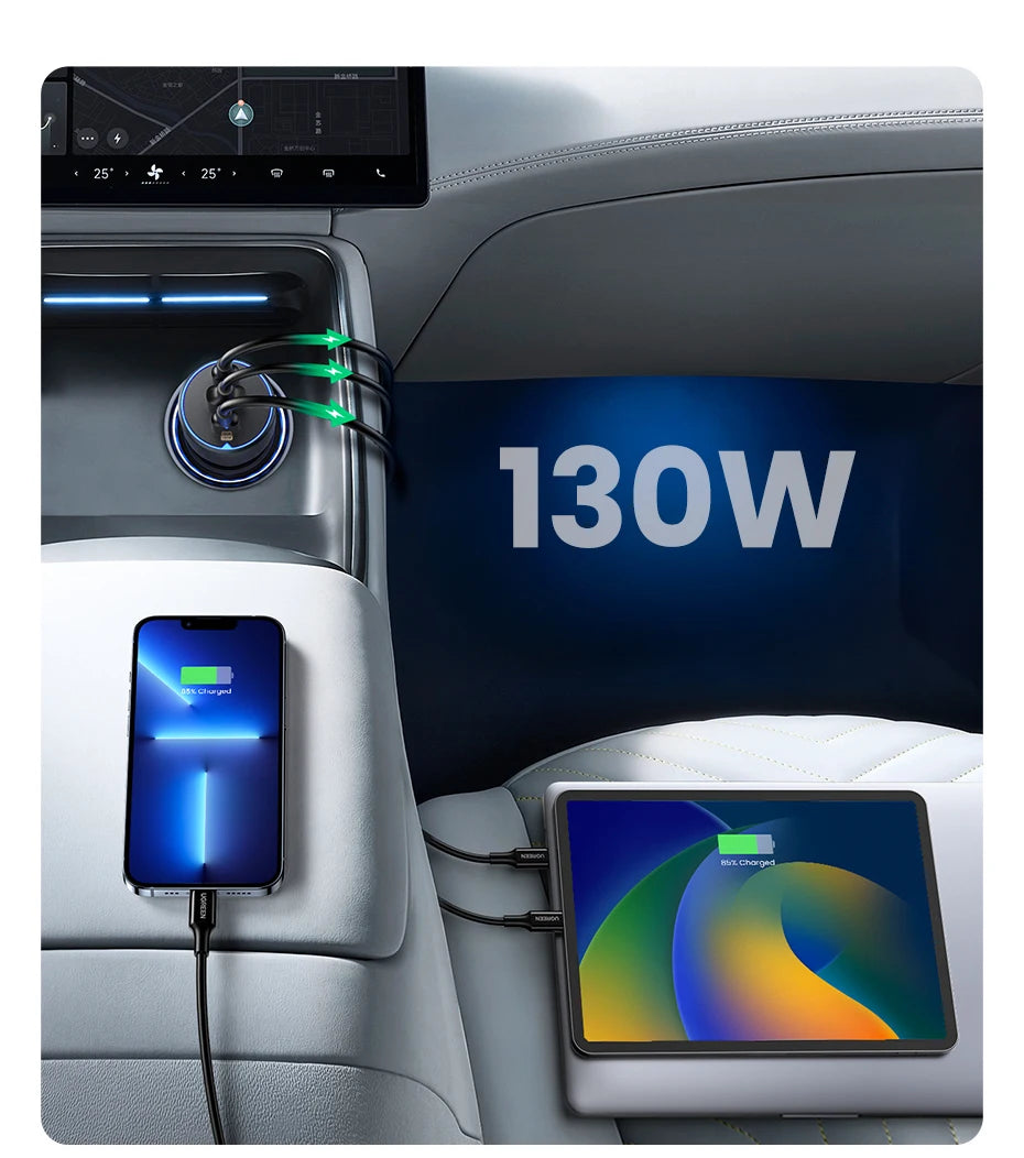 130W 3-Port Fast Car Charger for Laptops and Smartphones