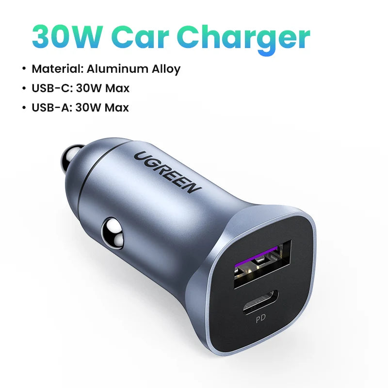 30W Dual Port Fast Car Charger with PD 3.0 and QC 4.0 - 24