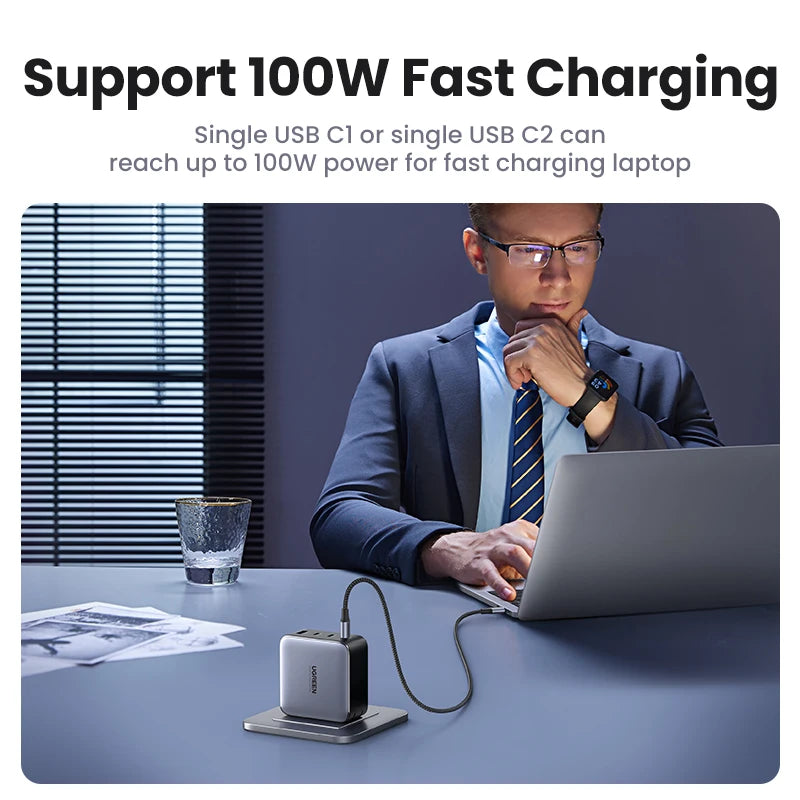 100W GaN USB-C Fast Wall Charger for Laptops and Smartphones