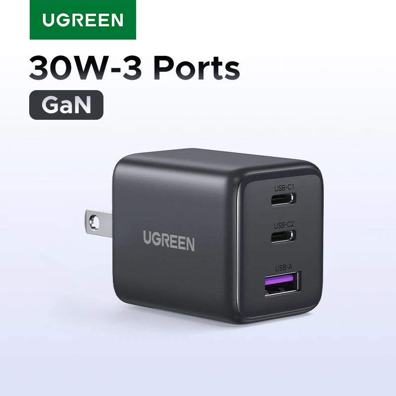 30W GaN Fast Wall Charger with 3 Ports for Smartphones and Tablets