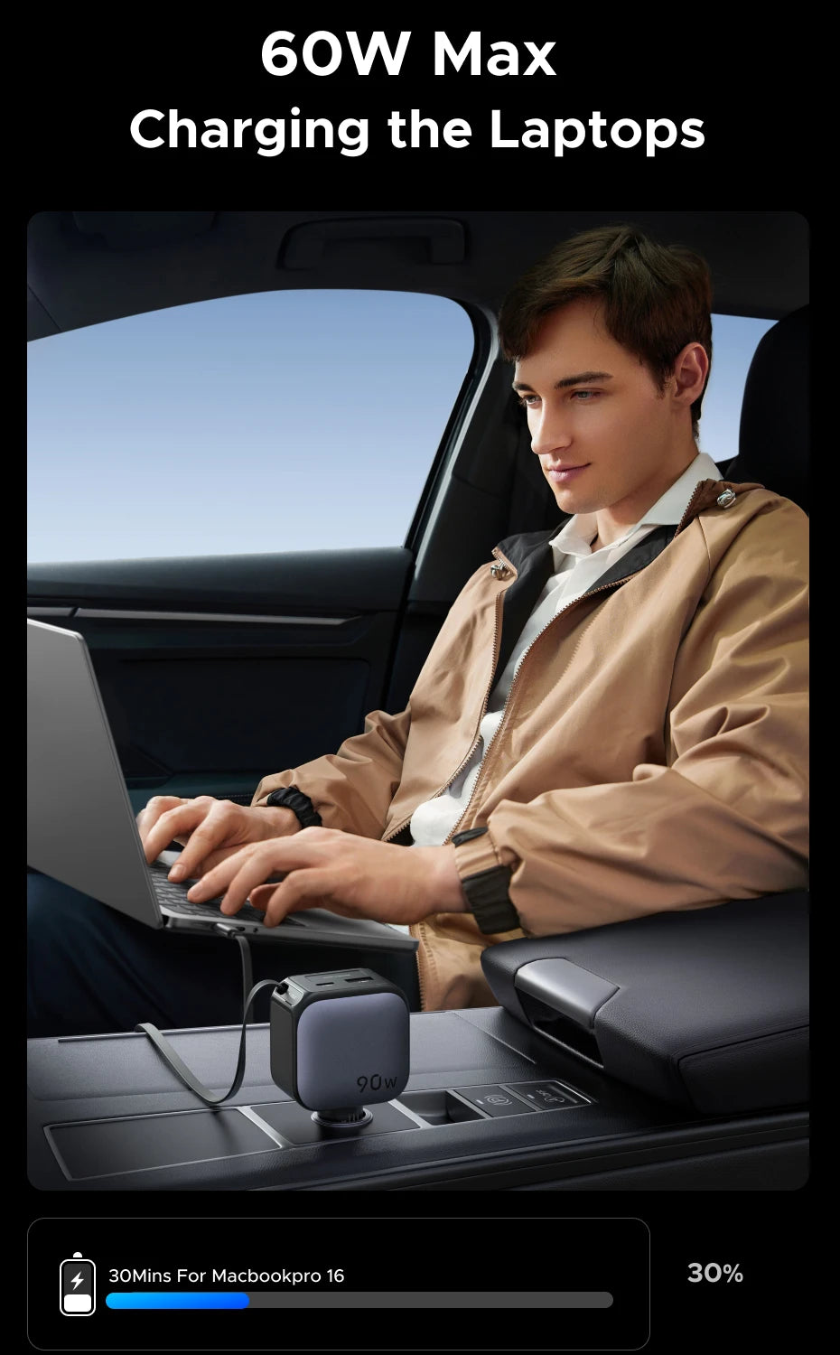 Fast-Charging Retractable USB-C Car Charger with Multiple Ports
