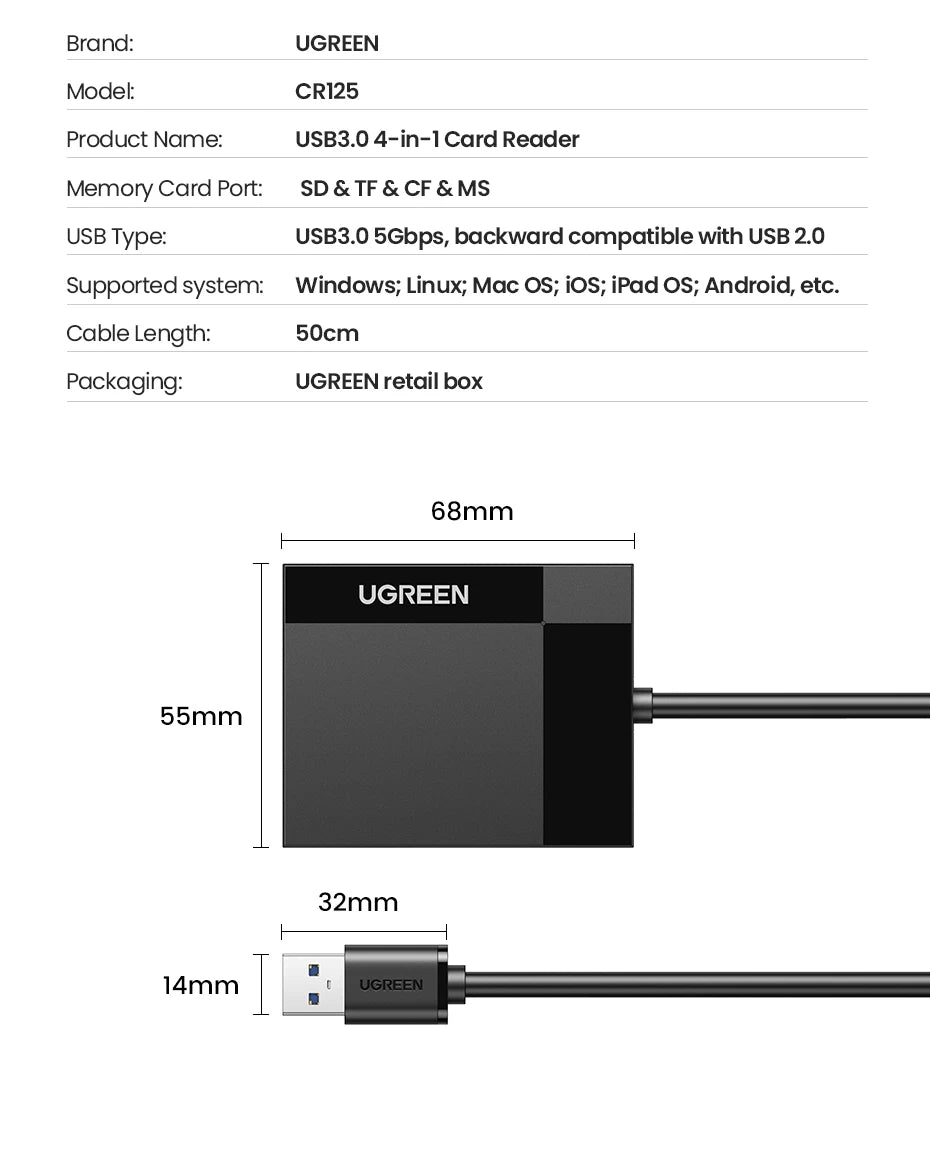 4-in-1 USB 3.0 Memory Card Reader for SD TF CF and MS Cards