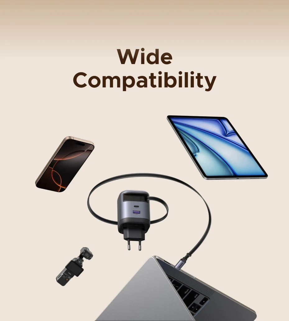 65W GaN Fast Wall Charger with Built-in Retractable USB-C Cable - 16