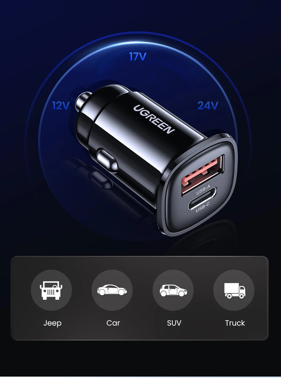 48W Dual Port Fast Car Charger with USB-C and USB-A - 16