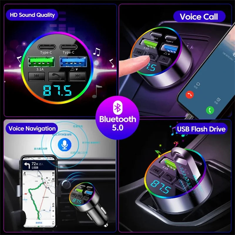 Bluetooth 5.0 FM Transmitter 66W 4 Port Car Charger Handsfree Adapter