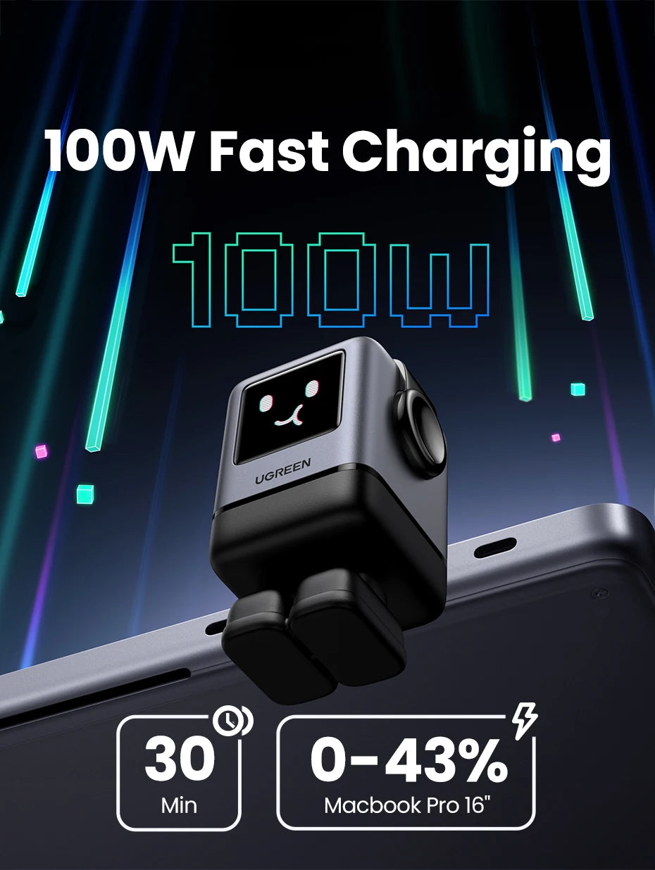 100W GaN Fast Wall Charger with Robot Display for Laptops and Phones