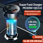 60W Dual Port USB Car Charger with PD QC3.0 Voltmeter and Ambient Light