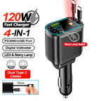 148W 7 in 1 Retractable Car Charger with Voltage Display and Starry Lamp