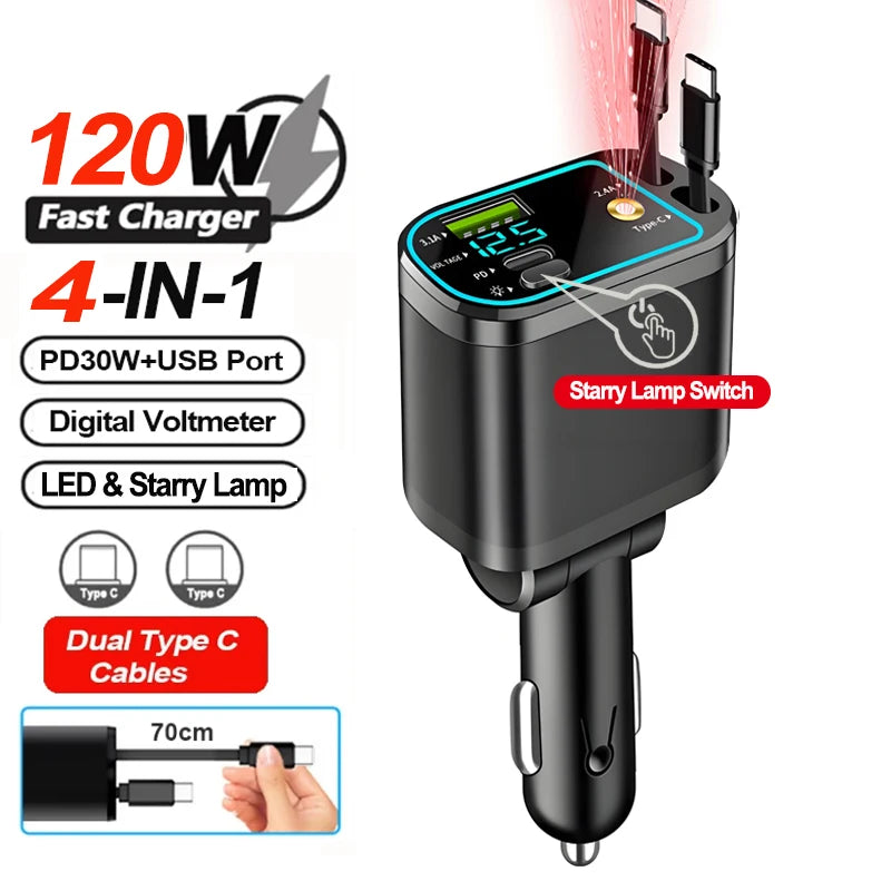 148W 7 in 1 Retractable Car Charger with Voltage Display and Starry Lamp
