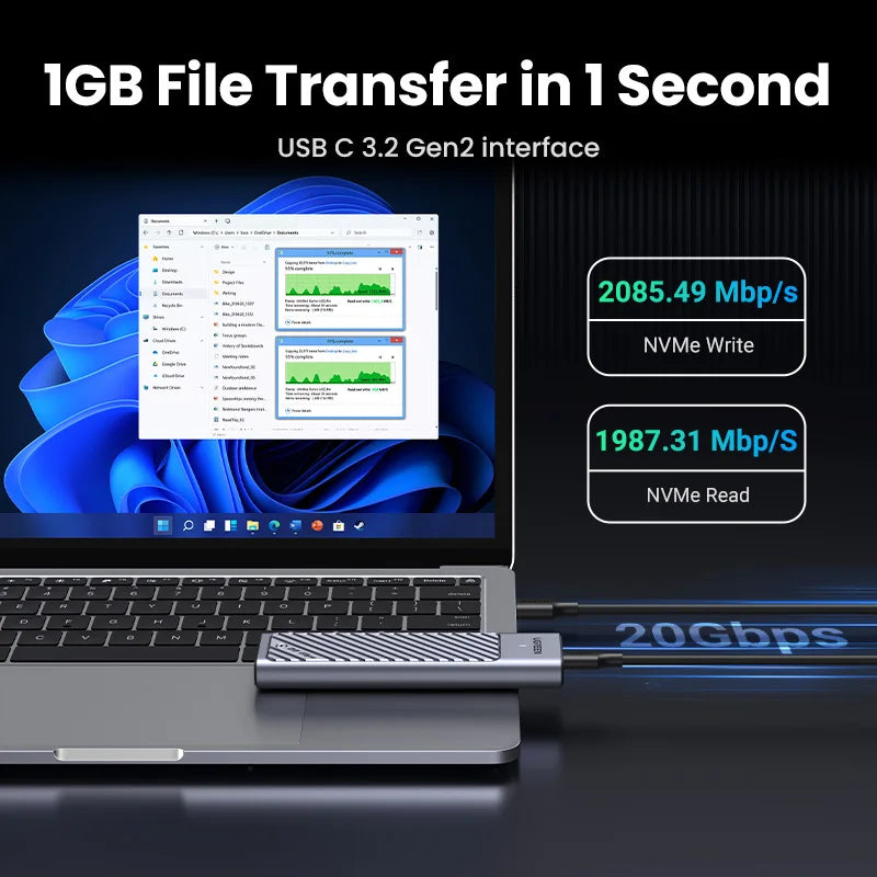 Dual Protocol M.2 NVMe and SATA SSD External Enclosure 20Gbps