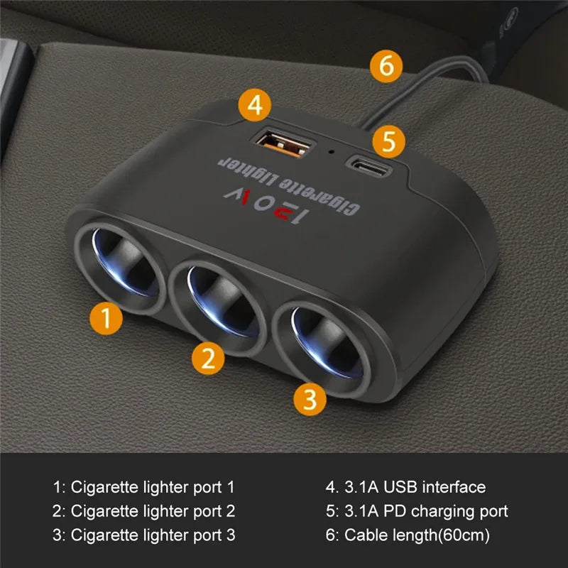 120W 3-Way Car Cigarette Lighter Splitter with USB Fast Charging - 5