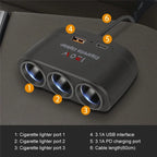 120W 3-Way Car Cigarette Lighter Splitter with USB Fast Charging