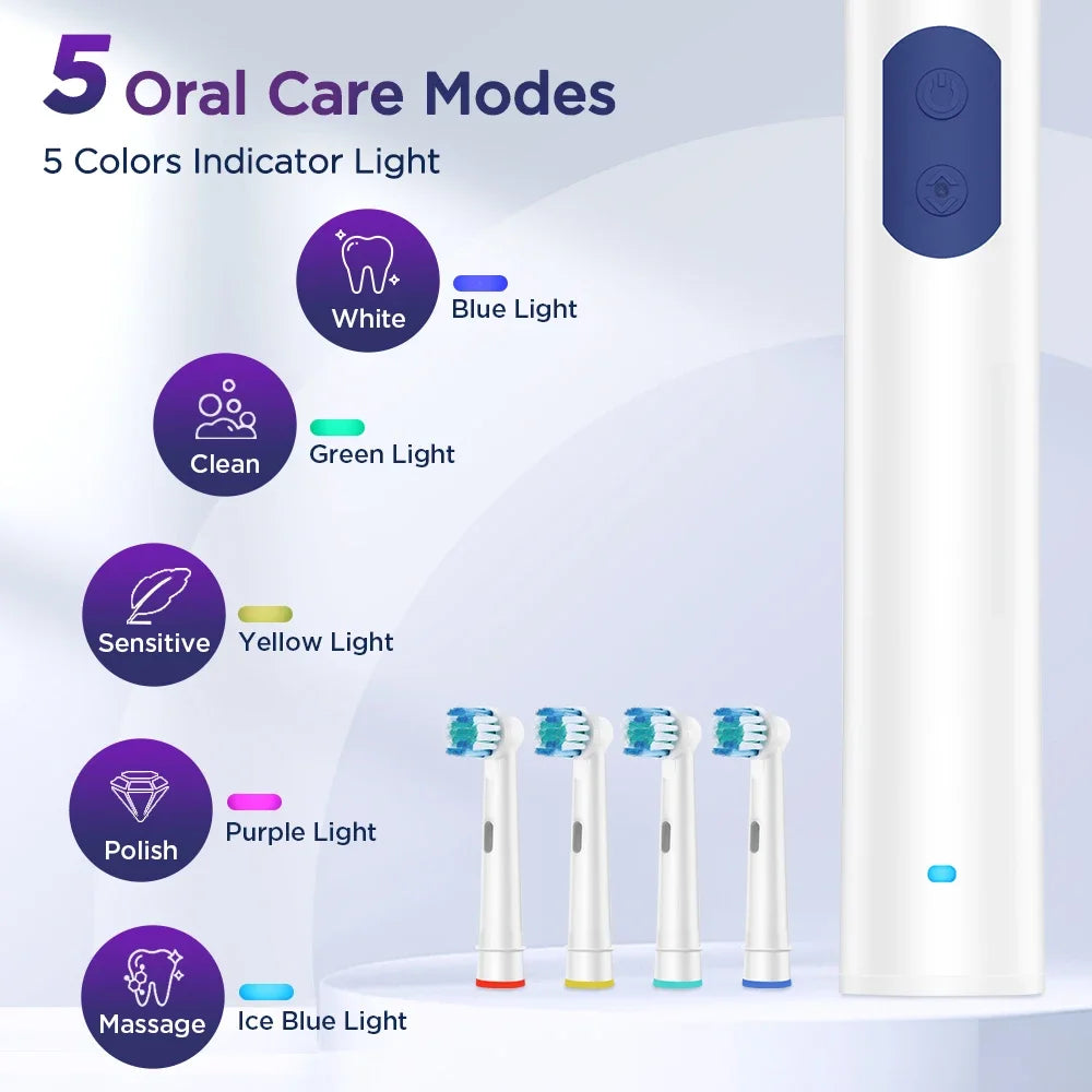Rechargeable Electric Toothbrush with 5 Modes and 4 Brush Heads