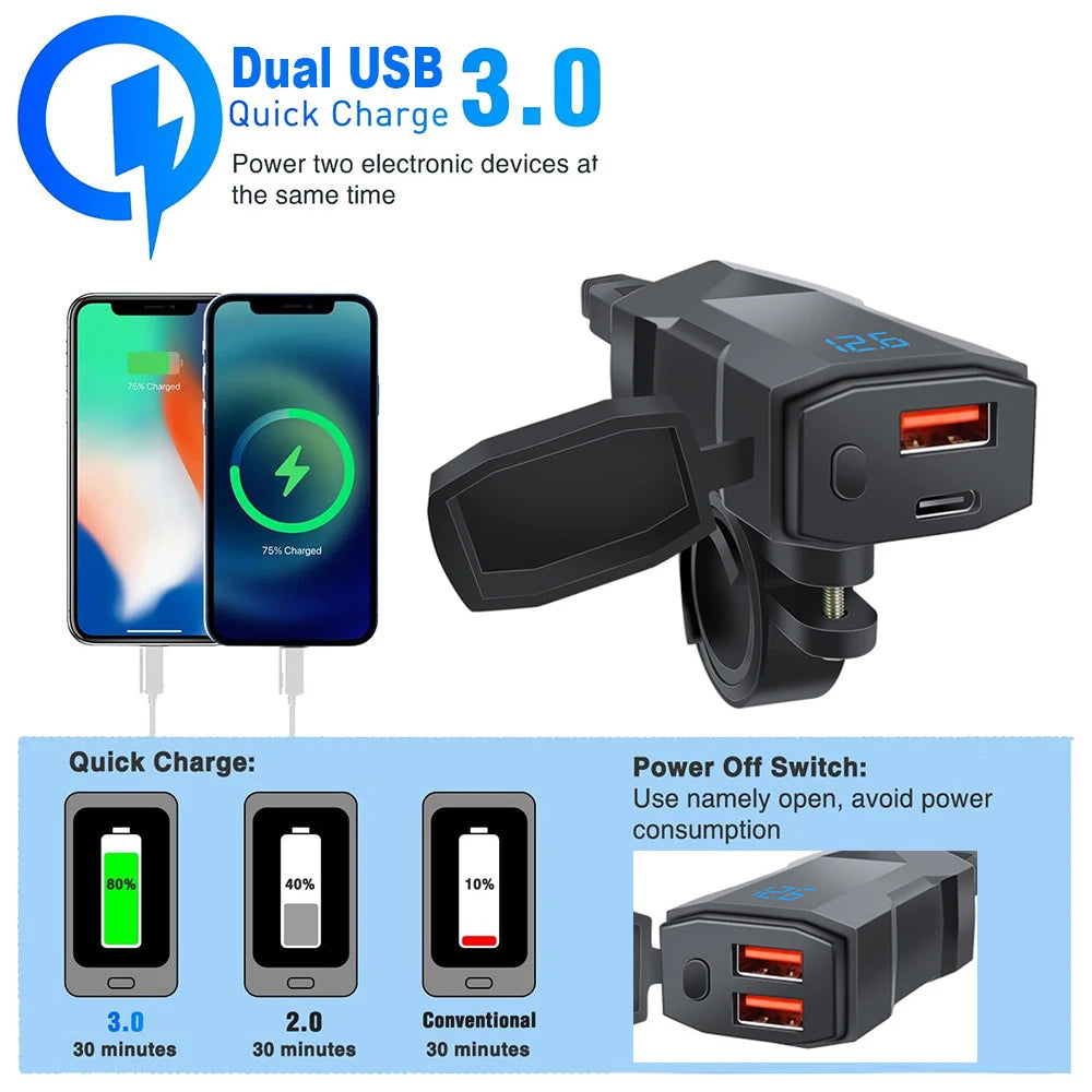 48W Dual USB-C & USB-A Motorcycle Phone Charger with Voltmeter